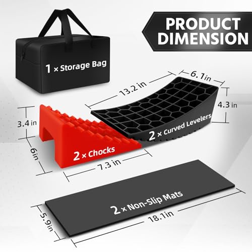Image of ROBLOCK RV Leveling Blocks Up to G.V.W 35000 LBS, Camper Leveling Blocks with Chocks, Anti-Slip Mats, Carry Bag, RV Leveling System for Travel Trailers, 4 inch Max Leveling Height, 2 Packs, Red