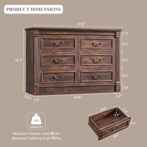 Image of Aitjunz Farmhouse 6 Drawer Dressers for Bedroom, 47'' Wide Dresser & Chests of Drawers w /Roman Columns, Horizontal Wooden TV Stand Dresser w /Metal Handle for Bedroom, Hallway, Living Room, Brown
