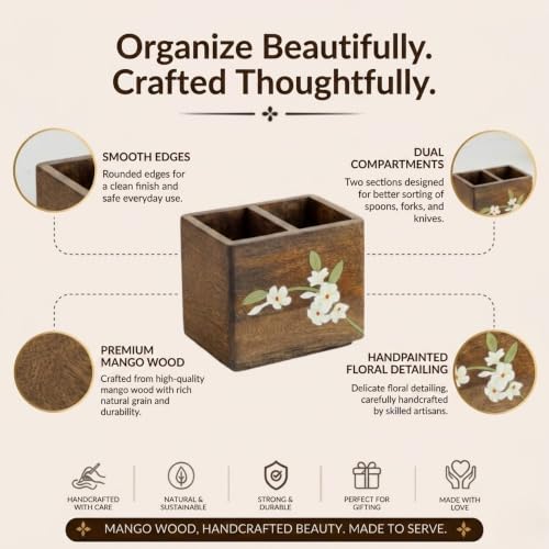 Image of Aurum Crafts Bella Mango Wood Cutlery Stand | Spoon & Fork Stand for Kitchen | Cutlery Holder for Dining Table | Multipurpose Kitchen Organizer (15 x 15 x 15 cm / 6 x 5 x 5 inches)