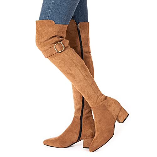 Over The Knee Boots Women Chunky Suede Brown Winter Low Heel Buckle Comfort Pointed Toe Long Boots Fashion Autumn Size 8(Buckle 2 Inch Brown, Numeric_8) #TOP2
