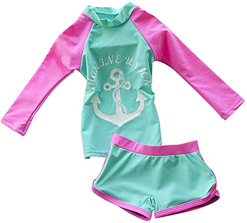 Jojobaby Kid Girl's Two-Piece Long Sleeve Swimsuits Bathing Suit UPF 50+ Blue