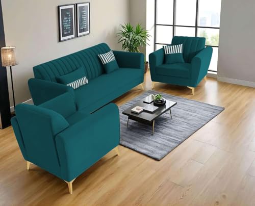 Image of Adorn India Premium Luster 3-1-1 Sofa Set | Velvet Suede Fabric | 3-Year Warranty | Color Ocean Blue with Golden Legs & Striped Pattern Cushion