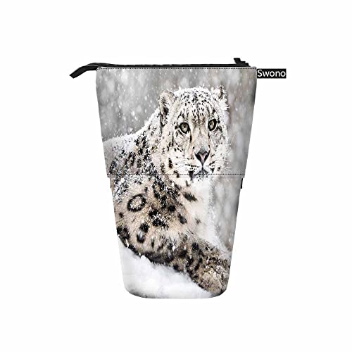 Image of Swono Snow Leopard Pencil Pouch Frontal Portrait Snow Storm Stand Up Pencil Case Pencil Holder Cosmetics Bag For Women Men