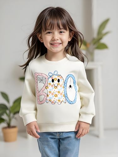 luethbiezx Toddler Little Girls Halloween Sweatshirt Coquette Bow Boo Ghost Crewneck Pullover Long Sleeve Top2
