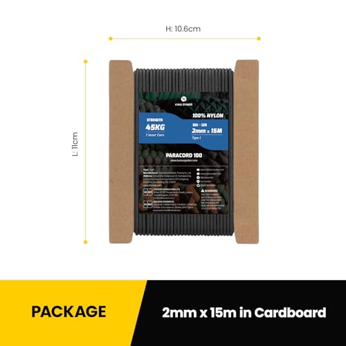 Kamu Synber 2mm Paracord 15M 100% Nylon Seil Reißfeste Schnur mit 1 Kern Typ I Allzweckseil für Basteln, Outdoor, Camping, Survival | Tragkraft 45kg | Schwarz