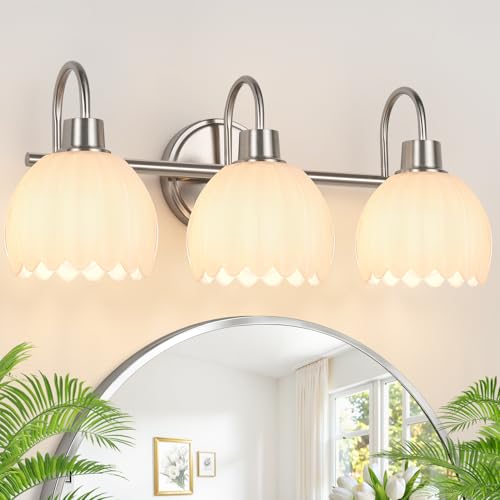 Image of Bathroom Light Fixtures, 3-Light Brushed Nickel Bathroom Vanity Light Over Mirror with White Tulip Glass Shades, Vanity Light Fixture for Bedroom, Living Room & Hallway (Bulbs Not Included)