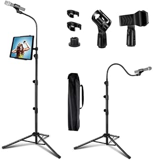 LIUGAST Microphone Stand Portable Boom Mic Stand with Phone Holder,Adjusted Gooseneck Mic Tripod From 3 to 6 Feet , 2 Standard Mic Clips, Black