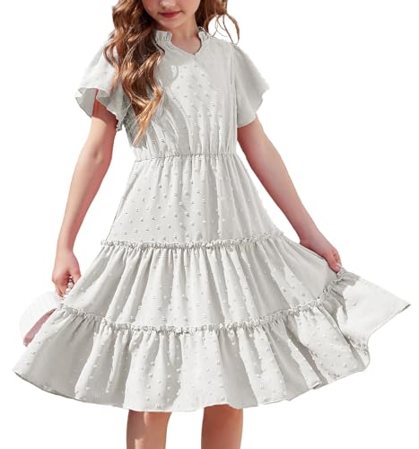 Arshiner Girls Dresses Summer Ruffle Sleeve Swiss Dot Tiered Flowy Semi-Formal Party Dress with Pockets White 7-8Y