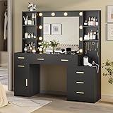 Hasuit 48.8'' Large Vanity Desk with Lighted Mirror & Power Outlet, Black Makeup Vanity Table with 6 Drawers, 4 Shelves and 1 Storage Cabinet, Glass Tabletop Bedroom Dressing Table, 3 Lighting Modes