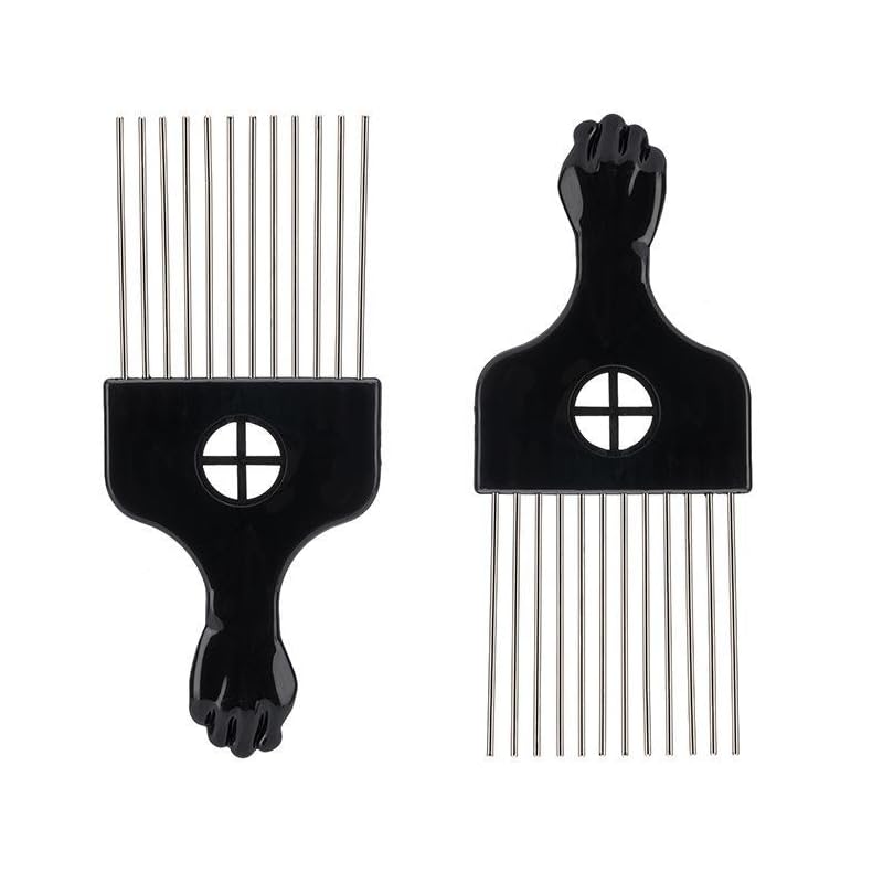 KHQBG Black Metal Afro Pick Combs for Curly Hair - Detangle & Style Comb for Women and Men, Durable Plastic & Metal, Fist Design for Hair Styling,