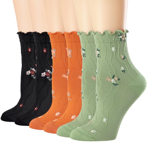 Image of Womens Ruffle Crew Socks Vintage Patterned Ankle Casual Fashion Dress Sock Cute Lettuce Floral Socks 5 /6 Pack