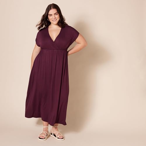 Image of Amazon Essentials Women's V Neck Short Sleeve Empire Waist Maxi Dress, Burgundy, Small