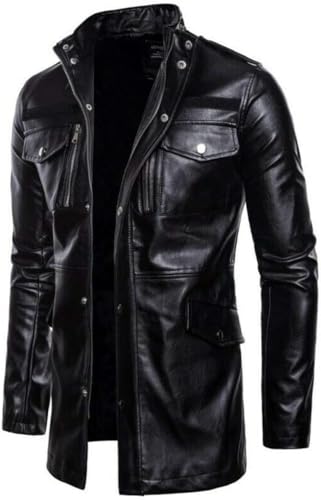 Mens Mid Length Style Long Leather Jacket Motorcycle Black Lambskin Leather 3/4 Length Long Overcoat