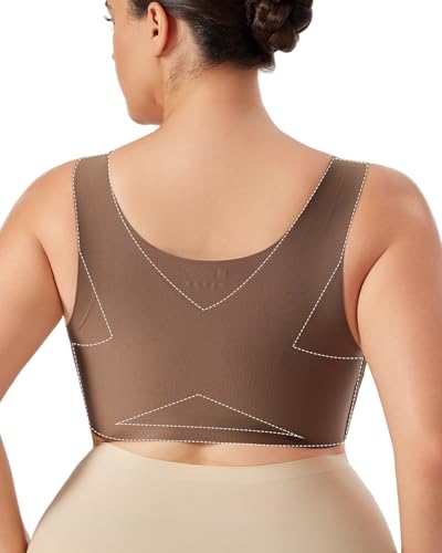 LIIJOO Womens Plus Size Wireless Full Coverage Back Smoothing X Shape Support Longline Bralette Wide Strap Sports Lounge Yoga Bra Everyday Comfort Tshirt Underoutfit Top （Chocolate Brown, 1XL） — view 2