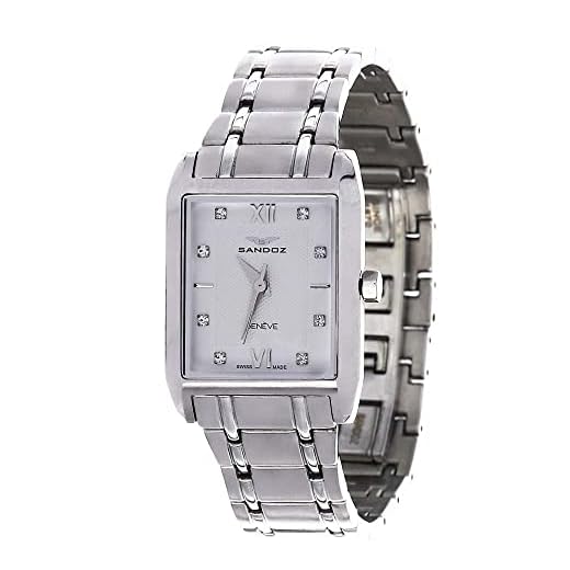 Sandoz 81326-03 - Reloj de mujer de cuarzo Suizo, con caja de acero y pulsera de acero, con caja rectangular, e índices con 8 circonitas.