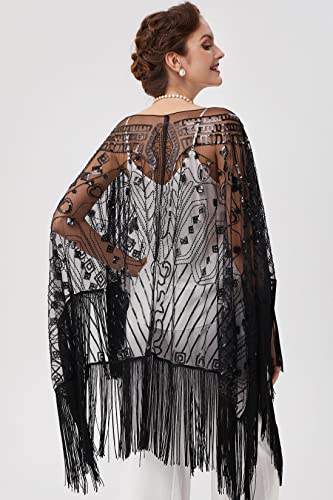 Babeyond 1920S Sequin Beaded Shawl Wraps Fringed Evening Cape Scarf For Wedding (Black With Black Sequins) #TOP3