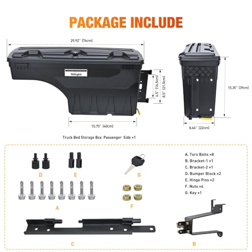 Nilight Truck Bed Tool Box Passenger Side Truck Tool Box Fit for Chevrolet Silverado 1500 GMC Sierra 1500 2019 2020 ABS Swing Case Truck Bed Storage Box with Lockable Lid Waterproof Wheel Well Toolbox by Nilight - Used condition - Image 8