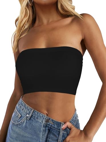 Tube Top for Women Summer Strapless Bandeau Backless Basic Sleeveless Vest(Black Regular)