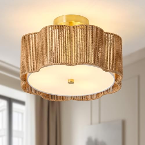 YOPININNT 13.5" Rattan Ceiling Light Fixture with Fabric Shade, Boho Light Fixtures Ceiling Flush Mount, 3-Light Rattan Flower Shape Close to Ceiling Light Fixtures for Kitchen Bedroom Entry (Gold)