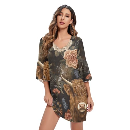 Robe courte en mousseline marron Highland Cows et roses col V