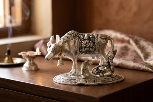 Image of KridayKraft Kamdhenu Cow and Calf with Krishna Idol, Silver-Plated Decorative Showpiece for Home Decor and Gift, 14 x 11 cm X 10 cm, 350 g