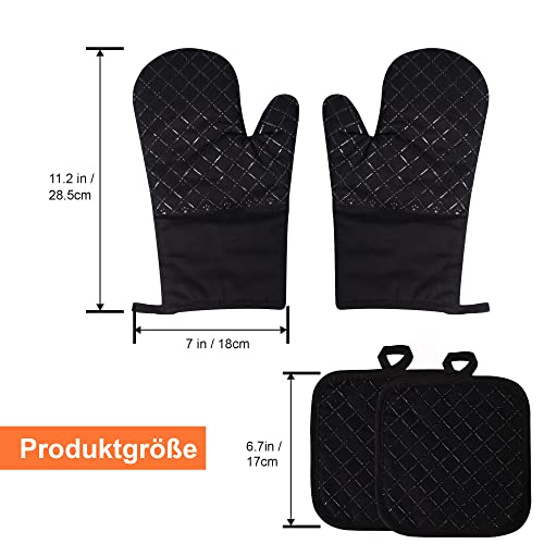 Clocness Topflappen Handschuh, Ofenhandschuhe Hitzebestaendig, rutschfeste Topfhandschuhe 4er-Set Hitzebeständig bis 250°C, Schwarz