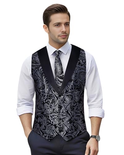Image of DiBanGu Mens Paisley Suit Vest Silk Jacquard Waistcoat and Necktie Set Formal Shawl Collar Dress Vest 7PCS for Wedding Party