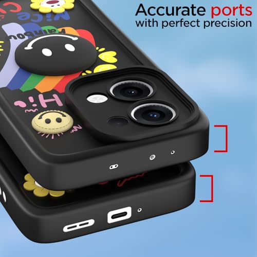 Image of Pikkme Back Cover for Oppo Reno 13 5G | Soft Silicone| Cute Rainbow Smile & 3D Cartoon Flower Design | Shockproof Raised Camera Protection Bumper Case (Black)