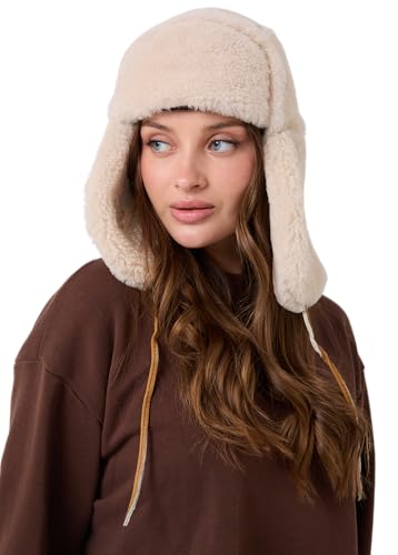 Image of Leather Aviator Shearling Ushanka Trapper Hat Russian Sheepskin Cap Real Fur Winter Hat with Ear Flaps for Men Women