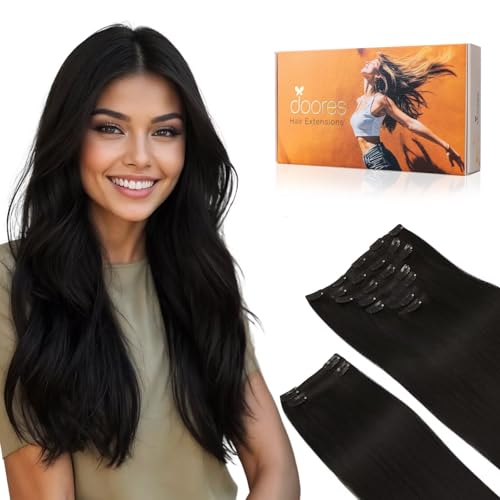 Image of DOORES Clip in Hair Extensions Real Human Hair, Jet Black 150g 9pcs 16 Inch, Remy Hair Extensions Clip in Human Hair Hair Extensions Real Human Hair Straight Thick Extensions Human Hair Natural