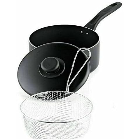 SAVING HUB Non-Stick Chip Pan Plus Wire Basket - Aluminum Deep Chips Fryer with Black Lid - Saucepan Fryer Side Handle - Ideal Cooking Pot Strainer for French Fries Filter Kitchen Utensils (20cm) Cover