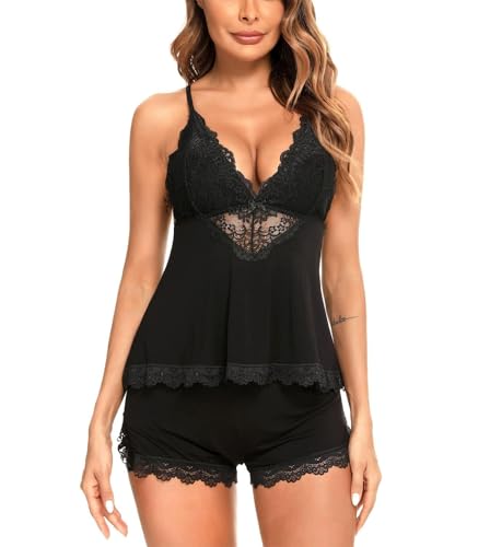 RSLOVE Womens Sexy Conjunto de Pijama Camisola de Encaje y Pantalones Cortos Cuello en V Ropa de Dormir de Modal Negro Small