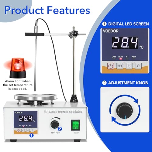 VOEDOR 85-2 Digital Display Magnetic Stirrer with 4 Magnetic Stir Bars – Magnetic Stirrer Hot Plate, 0-2000 RPM Lab Stirring System with Temperature Probe, Stainless Steel Plate & Stand Support by VOEDOR - Image 5