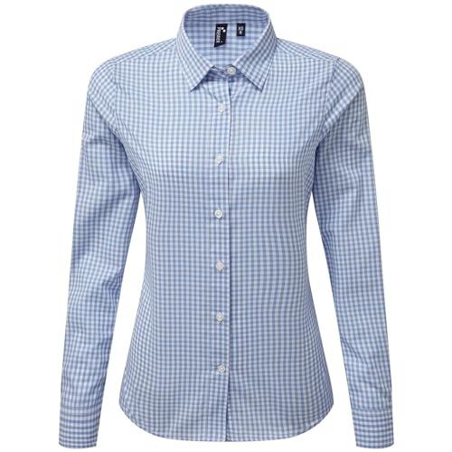 Image of Premier Womens/Ladies Maxton Gingham Long-Sleeved Shirt (XS) (Light Blue/White)