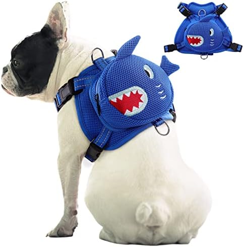 IDOMIK Dog Backpack No-Pull Pet Harness Vest with Saddle Bag Backpack, Cute Shark Shape Self Carrier Backpack Travel Camping Hiking, Adjustable Puppy Mesh Bag Vest with D-Ring for Small Medium Dogs