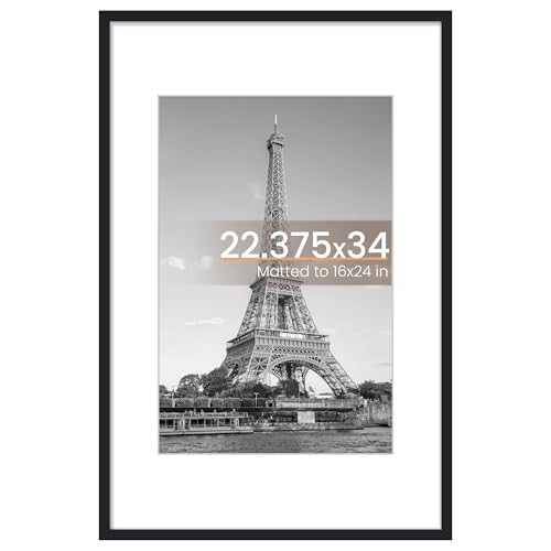 upsimples 22.375 x 34 Poster Frame, Display Pictures 16x24 with Mat or 22.375x34 Without Mat, Wall Hanging Photo Frame, Black, 1 Pack