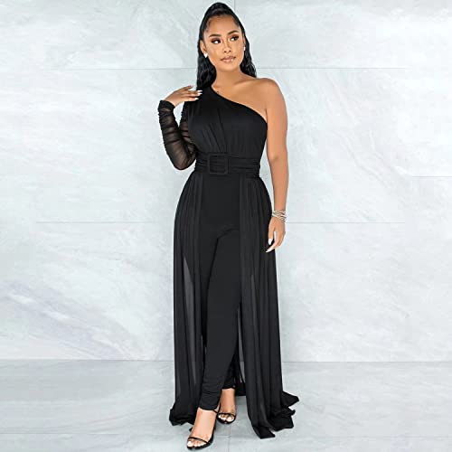 Dressy Jumpsuits For Women Sexy One Shoulder Mesh Patchwork Belted Bodycon Pants Rompers Overlay Jumpsuit Black Xl #TOP3