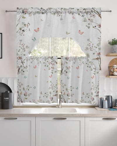 Jolunifun Flower Tree Swag Kitchen Curtain Sets with Valance,3 Pieces Rod Pocket Curtain Drapes for Bedroom Bathroom Cafe Windows,Vintage Plant Leaves Elegant Butter-Fly 56''x36''&24''x27.5''x2Panels