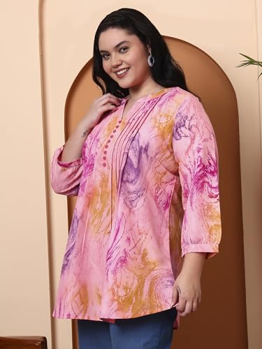 Image of Yash Gallery Women's Wrinkle Free Printed Short Kurti Mandarin Collar with Pintuck Pleats 3 /4th Sleeve