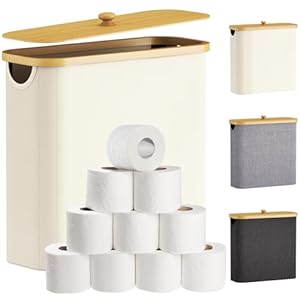 Lifewit 30L Toilet Paper Storage Holder for 12 to 16 Rolls, Free Standing Toilet Paper Basket Stand with Bamboo Lid, Collapsible Fabric Bathroom Organizer Box for Mega Rolls, Large, White