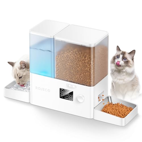 Rojeco Distributeur Automatique de Nourriture et d'eau 2-en-1, 5L pour Chat avec Réservoir d'eau de 3.5L, Distributeur de Croquettes Programmable avec...