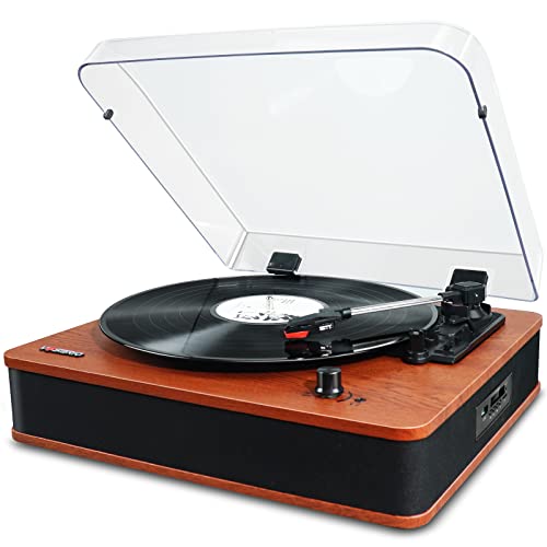 VOSTERIO Plattenspieler, Bluetooth Schallplattenspieler mit Integrierten HiFi Stereo Lautsprecher, Vintage 3 Geschwindigkeiten Vinyl-zu-MP3/FM Radio/USB/TF/Aux-In/RCA/LED Anzeige