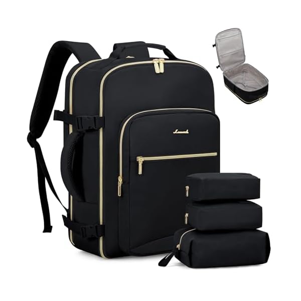 LOVEVOOK Travel Backpack for Women & Men 40L,Airline Approved Carry On Backpack Travel Essentials,TSA Carry on Luggage,Waterproof Personal Item Travel Bag,Suitcase with 3 Packing Cubes,Black-Black
