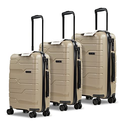 Set de 3 Maletas Trolley ABANTERA, 4 Colores, 100% Polipropileno. Estructura Ultraligera en Aluminio y Grafeno. Absorbe Impactos Deformable. con Forro Interior atérmico, Cerradura TSA. (Beis) Cover