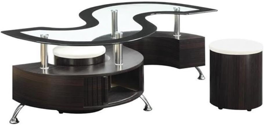 BOWERY HILL Coffee Table Set, Cappuccino Finish, Glass and Wood Construction, Includes Table and 2 Stools, Modern Living Room Furniture