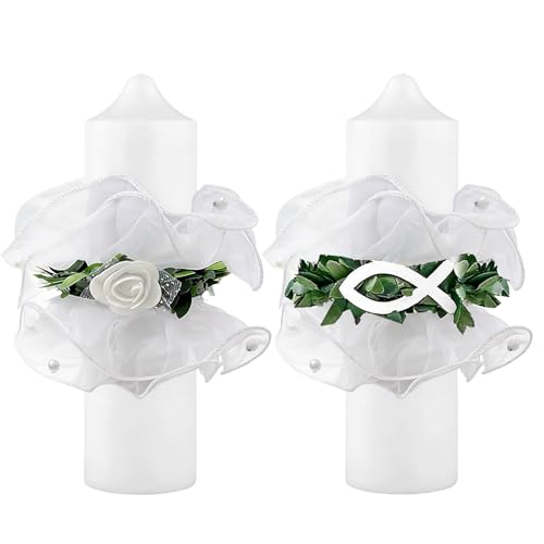 Dargkwn 2 velas antigoteo, para bautizo, comunión, gotas, falda de organza con decoración de peces, para bodas y bautizos, diámetro de 3 6 cm, color blanco