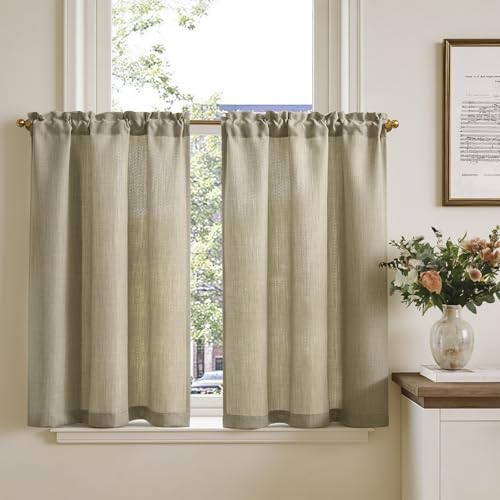 TOPICK Linen Optics Beige Kitchen Curtains 36 Inch Drop Small Cafe Curtains Light Filtering Curtain Tiers for Bathroom Sink Cupboard Rod Pocket 2 Panels