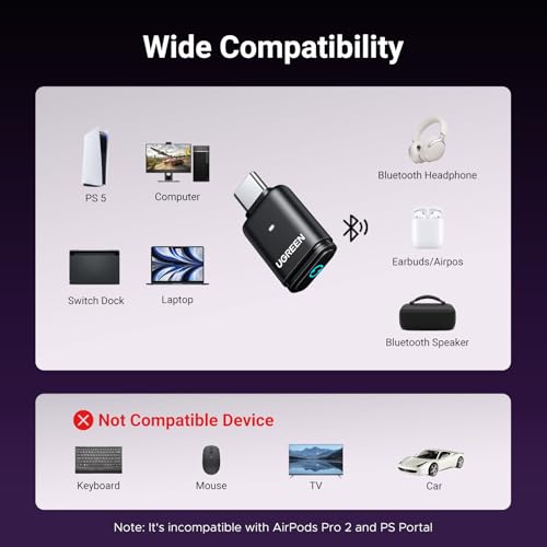 UGREEN Bluetooth 5.3 Adapter for PS5/PS5 Pro/Switch1 2, USB-C Bluetooth Adapter with aptX/aptX HD/aptX Adaptive, Plug & Play, Supports Windows/macOS, PC, Laptop(Audio Only) - Image 2