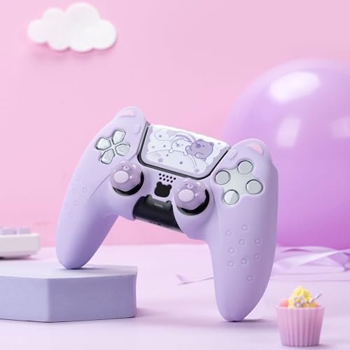 Image of GeekShare Cute Bear PS5 Controller Skin Set,Soft Anti-Slip Silicone Protective Cover Skin Case for PS5 Wireless Controller with 2 Thumb Grip Caps and 1 Sticker - Purple