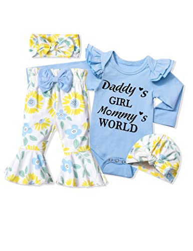 Image of ADIFUN Baby Girl Clothes,4pcs Infant Newborn Girl Outfits Ruffle Romper Baby Bell Bottoms Headband Bandana Clothes Sets Gifts